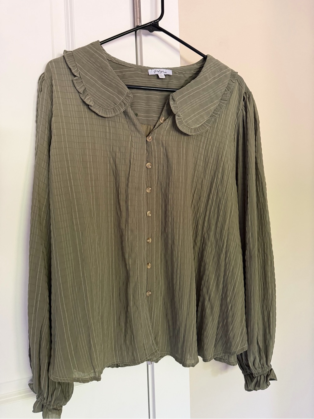 Women's Olive Green Button-Front Blouse with Peter Pan Collar